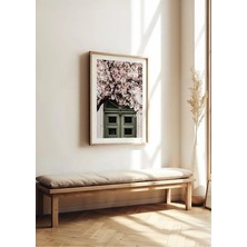 Yeşil Kapı Pembe Çiçekler Ahşap Çerçeveli Mdf Tablo Poster Salon Duvar Dekoru Hediye