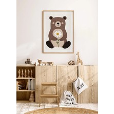 Papatyalı Sevimli Ayıcık Ahşap Çerçeveli Mdf Tablo Poster Bebek Odası Duvar Dekoru Hediye