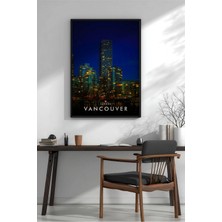 Vancouver Kanada Gece Şehir Manzarası Çerçeveli Mdf Tablo Poster Salon Duvar Dekoru Hediye