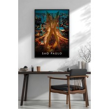 Sao Paulo Gece Şehir Manzarası Çerçeveli Mdf Tablo Poster Salon Duvar Dekoru Hediye