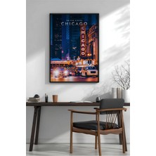 Chicago Yol Şehir Manzarası Çerçeveli Mdf Tablo Poster Salon Duvar Dekoru Hediye