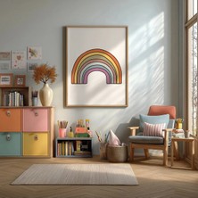 Pastel Retro Boho Gökkuşağı Çerçeveli Mdf Tablo Poster Bebek Odası Duvar Dekoru Hediye