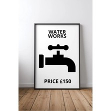 Water Works Tap Icon Banyo Yazılı Çerçeveli Mdf Tablo Poster Banyo Duvar Dekoru Hediye