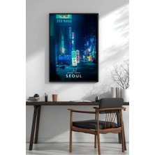Neon Işıklı Gece Sokağı Seul Çerçeveli Mdf Tablo Poster Salon Duvar Dekoru Hediye