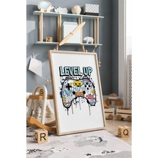 Level Up Oyuncu Çerçeveli Mdf Tablo Poster Çocuk Odası Duvar Dekoru Hediye
