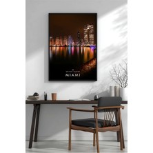 Miami Gece Silüeti Çerçeveli Mdf Tablo Poster Salon Duvar Dekoru Hediye
