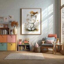 Sevimli Kedi ve Kuş Çerçeveli Mdf Tablo Poster Çocuk Odası Duvar Dekoru Hediye