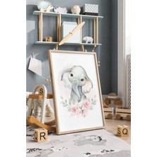 Pembe Çiçekli Fil Çerçeveli Mdf Tablo Poster Bebek Odası Duvar Dekoru Hediye