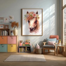 Çiçekli Bebek At Çerçeveli Mdf Tablo Poster Bebek Odası Duvar Dekoru Hediye