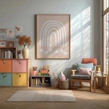 Bohem Gökkuşağı Pastel Çerçeveli Mdf Tablo Poster Bebek Odası Duvar Dekoru Hediye