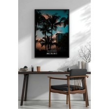 Miami Palm Trees Gün Batımı Çerçeveli Mdf Tablo Poster Salon Duvar Dekoru Hediye