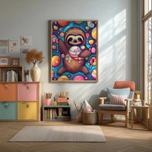 Şekerlerle Tembel Hayvan Çerçeveli Mdf Tablo Poster Çocuk Odası Duvar Dekoru Hediye