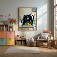 Komik Siyah Kedi Banyo Çerçeveli Mdf Tablo Poster Salon Duvar Dekoru Hediye