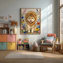 Kır Çiçekleri Arasında Aslan Yavrusu Çerçeveli Mdf Tablo Poster Bebek Odası Duvar Dekoru Hediye