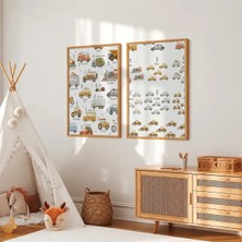 Araçlı Alfabe ve Sayılar 2'li Set Çerçeveli Mdf Tablo Poster Çocuk Odası Duvar Dekoru Hediye