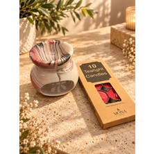 Badufa Home Mermer Desenli Seramik Buhurdanlık ve 10 Lu Tealight Mum /bej/kırmızı/siyah