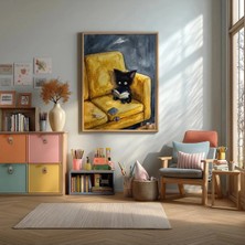 Kitap Okuyan Siyah Kedi Suluboya Çerçeveli Mdf Tablo Poster Çocuk Odası Duvar Dekoru Hediye