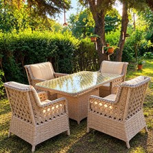 Sercan Garden Retro 4 Kişilik Yemek Takımı Aliminyum Iskelettir (Galvaniz Değildir) Bambu Rattan
