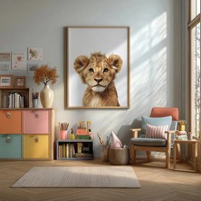 Sevimli Bebek Aslan Pastel Çerçeveli Mdf Tablo Poster Bebek Odası Duvar Dekoru Hediye
