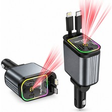 Laptify Araç Çakmaklık Şarj Cihazı, 66W Geri Çekilebilir Type-C Lightning Kablolu, Usb-A Usb-C Çıkışlı, Rgb Yıldız Işıklı