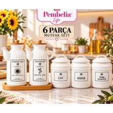 Pembelia Life 6 Parça Bambu Standlı 2’li Porselen Yağdanlık Set 3’lü Porselen Kavanoz Set Çeyizlik Yağlık Kavanoz Saklama Kabı Takımı