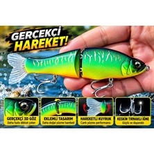 Su Üstü Eklemli Wobbler Sahte Balık – Yeşil Sarı Renkli, 3D Gözlü, Hareketli Kuyruklu, Çift Üçlü Iğneli Balık Avı Sahtesi
