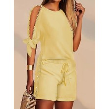 Moda Şehri Kadın Kısa Kollu Bisiklet Yaka Yarı Açık Omuz Inci Detaylı Short T-Shirt Viskon Ikili Takım