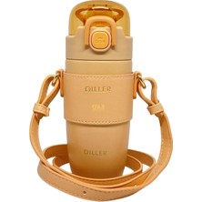 Str Store Diller 360ML Moda Deri Kılıflı Pipetli Askılı Pastel Renkli Paslanmaz Çelik Termos Matara (Turuncu)