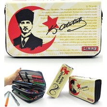 Str Store Kalem Kutusu Mustafa Kemal Atatürk Temalı Türk Bayraklı Kalemkutu Vegan Deri Üç Bölmeli Kalemlik