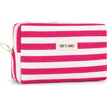 Str Store Keep It Simple Fuşya Pembe Çizgili Kanvas Makyaj Çantası - Şık Kozmetik Çantası, Seyahat Düzenleyici, Kalem Kutusu ve Çok Amaçlı Taşıma Kesesi