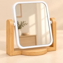 Str Store Bambu Ahşap Ayaklı Kare Masa Aynası, 16 x 14 cm Kompakt Makyaj ve Bakım Aynası, Ayarlanabilir Açılı Beyaz Çerçeveli Dekoratif Tezgâh Aynası