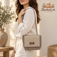 Handmade Akile Makrome El Örgüsü Deri Kapaklı Zincir Askılı Çanta – Taş Bej