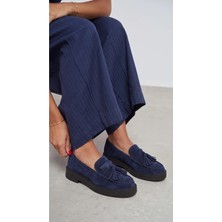 West To West Kadın Lacivert Hakiki Süet Deri Püsküllü Kalın Taban Loafer Ayakkabı