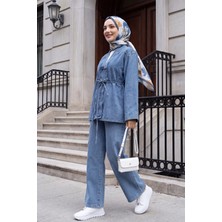 Moda Morfo Düğmeli Kemerli Bol Paça Pantolonlu Kot Kimono Takım -Buz Mavi