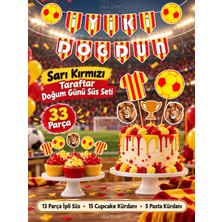Hiras Dizayn Taraftar Futbol Set 32 Parça Futbol Sarı Kırmızı Doğum Günü Seti Banner Pasta Kürdanı Cupcake Süsü Seti