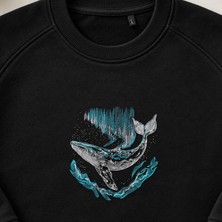 Kuzey Işıkları Okyanus Balinası Nakışlı Bisiklet Yaka Sweatshirt Unisex