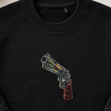 Neon Renkli Tabanca Revolver Nakışlı Bisiklet Yaka Sweatshirt Unisex