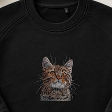 Gerçekçi Detaylı Kedi Portresi Nakışlı Bisiklet Yaka Sweatshirt Unisex