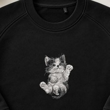 Uçan Yavru Kedi Çizim Nakışlı Bisiklet Yaka Sweatshirt Unisex