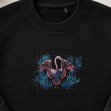 Neon Tropik Flamingo Nakışlı Bisiklet Yaka Sweatshirt Unisex