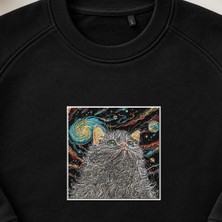 Kozmik Uzay Tüylü Kedi Nakışlı Bisiklet Yaka Sweatshirt Unisex
