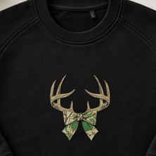 Kamuflaj Fiyonklu Geyik Boynuzu Nakışlı Bisiklet Yaka Sweatshirt Unisex