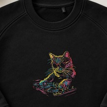 Neon Dj Kedi Nakışlı Bisiklet Yaka Sweatshirt Unisex