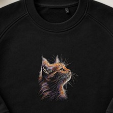 Zarif Kedi Portresi Sanat Nakışlı Bisiklet Yaka Sweatshirt Unisex