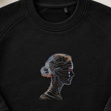 Zarif Kadın Silüeti Çizgi Sanatı Nakışlı Bisiklet Yaka Sweatshirt Unisex