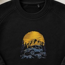 Gün Batımı Dağ Offroad Suv Nakışlı Bisiklet Yaka Sweatshirt Unisex
