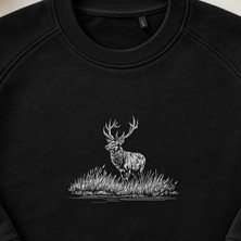 Minimal Geyik Çizimi Nakışlı Bisiklet Yaka Sweatshirt Unisex