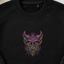 Neon Psikedelik Iblis Yüzü Nakışlı Bisiklet Yaka Sweatshirt Unisex