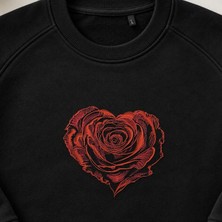 Romantik Kalp Gül Nakışlı Bisiklet Yaka Sweatshirt Unisex
