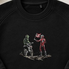 Amerikan Bayraklı Motokros Sürücü Nakışlı Bisiklet Yaka Sweatshirt Unisex